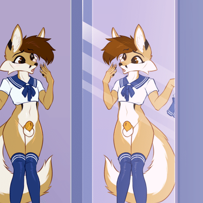 Kobaj stands in front of a mirror, surprised at how cute he looks wearing a school girl uniform.