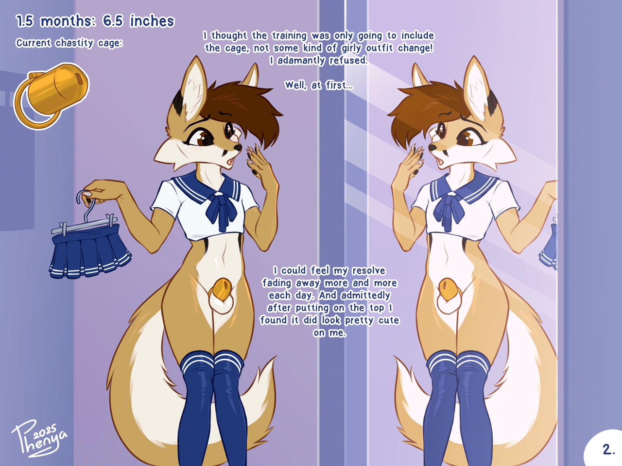 Kobaj stands in front of a mirror, surprised at how cute he looks wearing a school girl uniform.