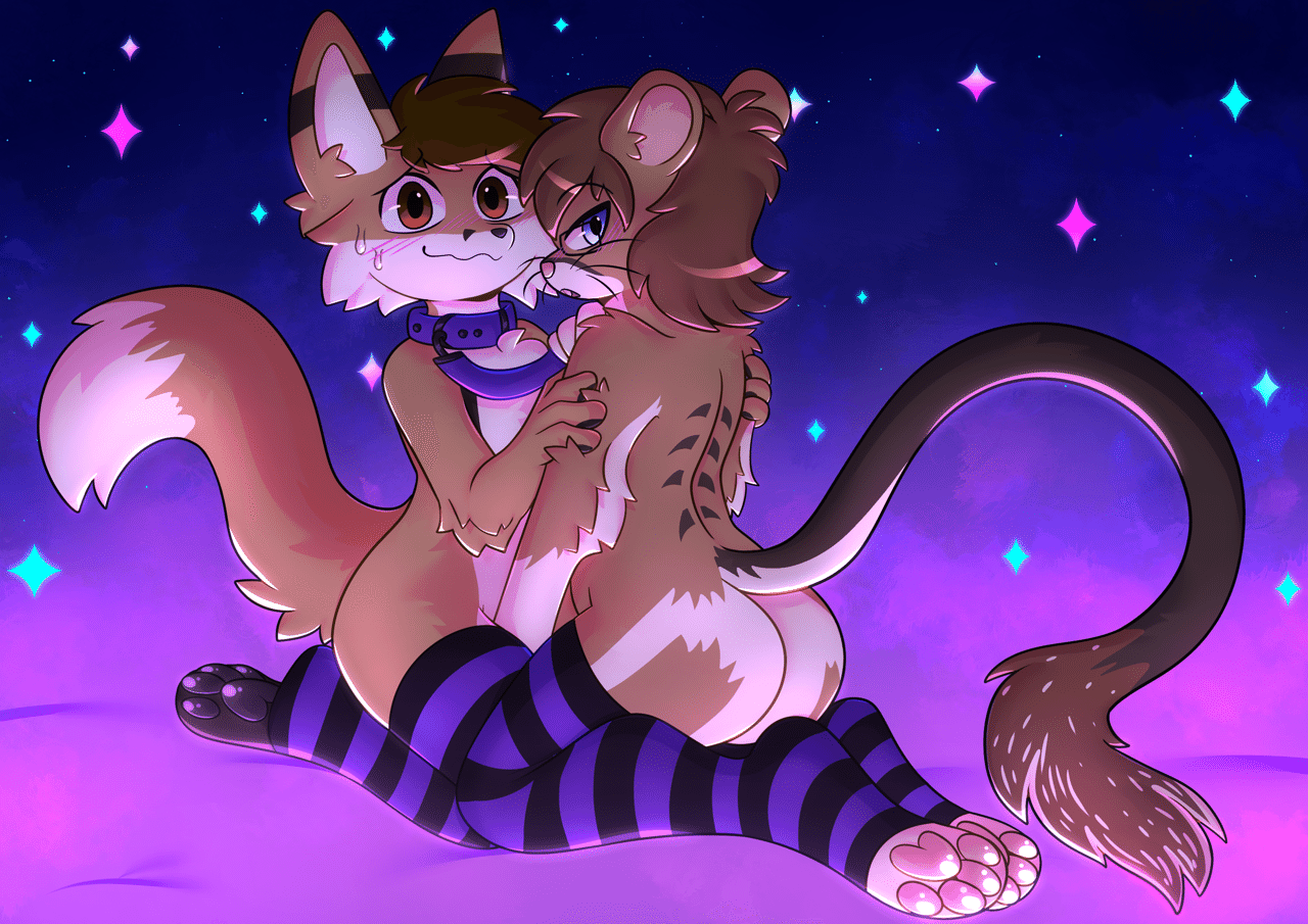 Seems like someone just walked in while Cellivar was tugging on Kobaj's leash, pulling the fox closer to him as the two kneel together and tease one another.
