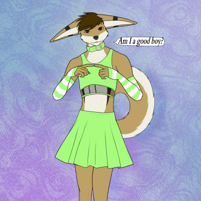 Kobaj showing off his latest outfit, a green skirt, top, and matching arm warmers,  and asking if wearing it makes him a good boy.