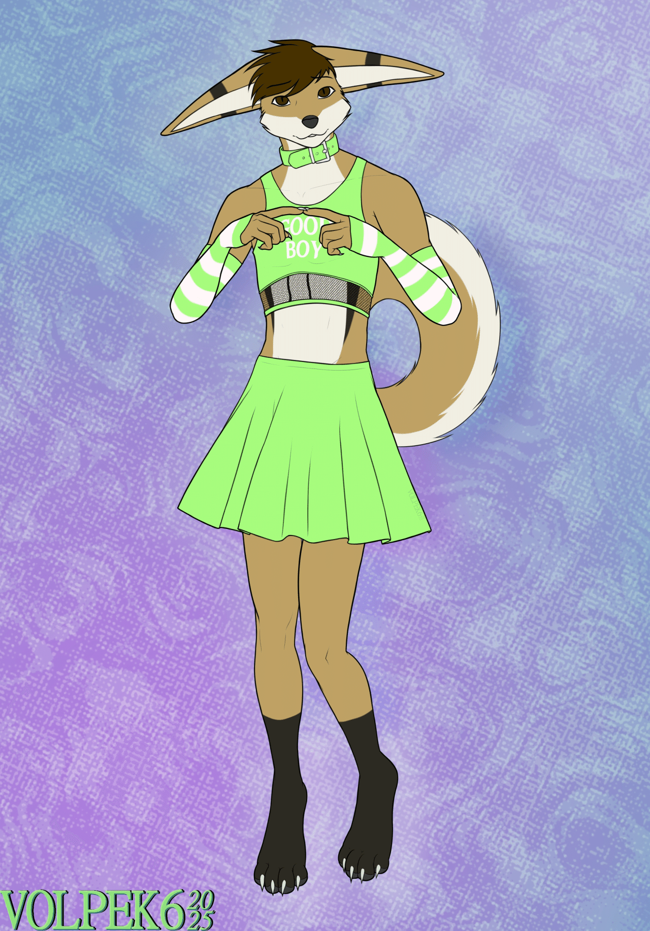 Kobaj showing off his latest outfit, a green skirt, top, and matching arm warmers,  and asking if wearing it makes him a good boy.