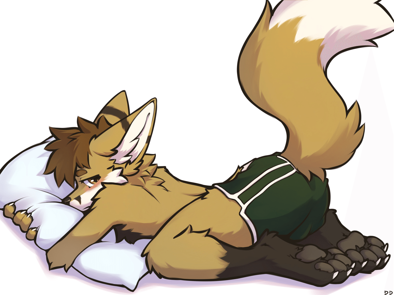 Kobaj looking over his shoulder and blushing as he is discovered snuggling a pillow.