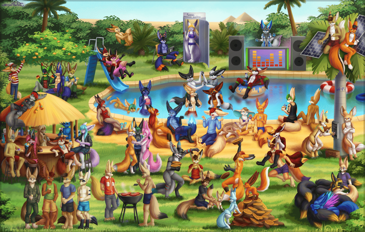 Kobaj and a bunch of fennecs having fun at a desert oasis.