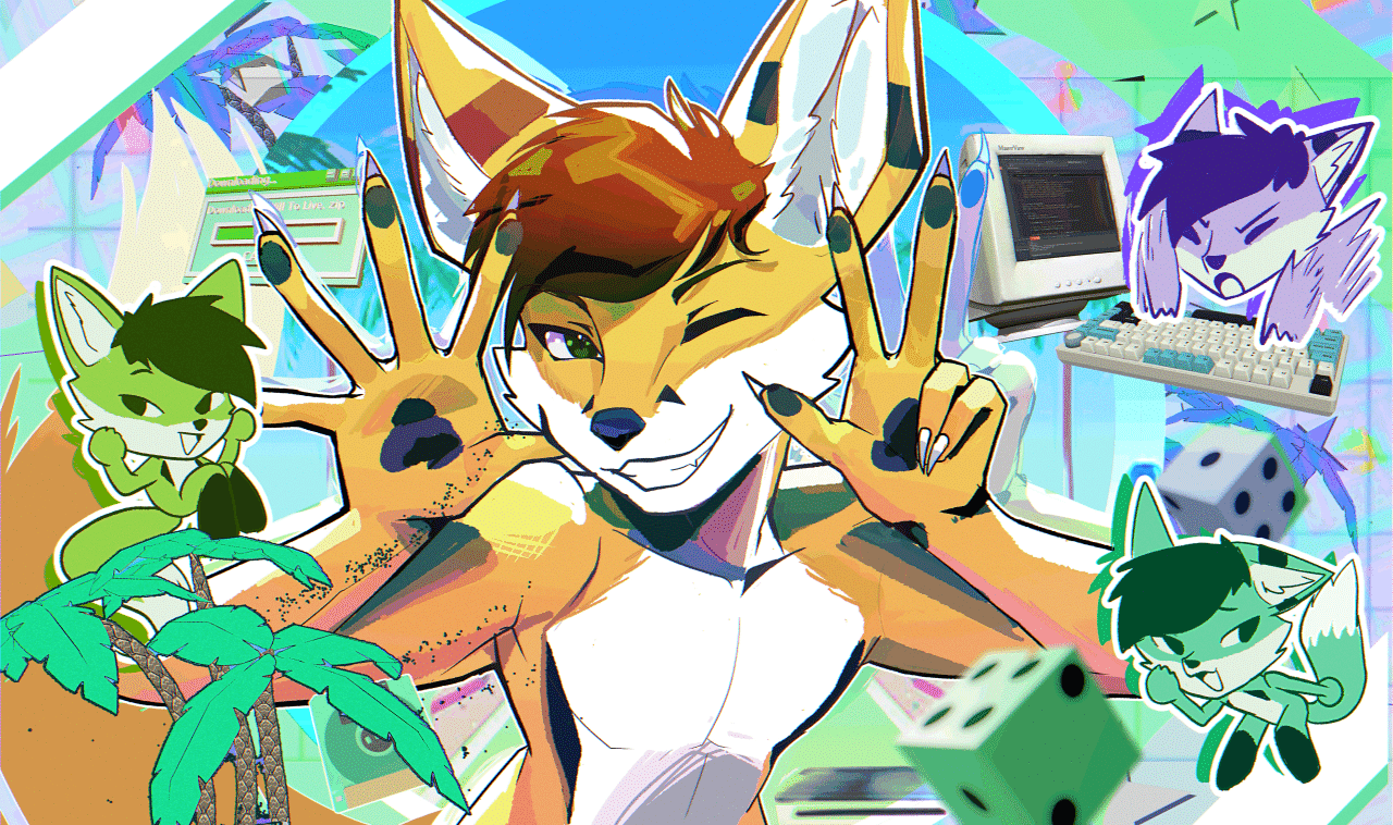 Kobaj in a variety of poses, from hammering away at a keyboard to showing off his butt, all while grinning at you with a cool smirk.