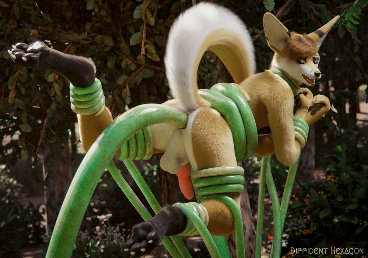 Kobaj, tied up in tentacles, looking over his shoulder as a thick tentacle pushes itself under his tail.
