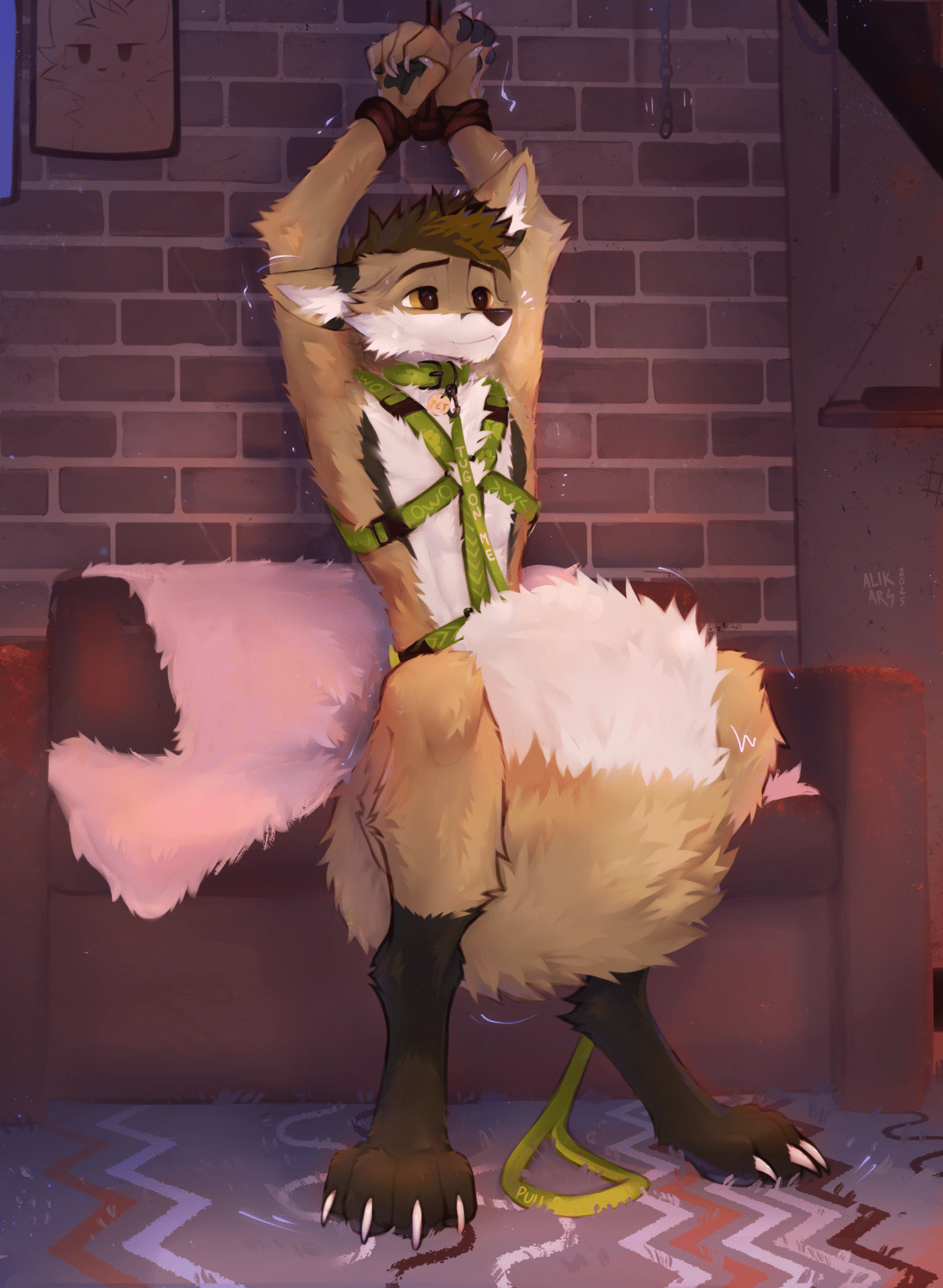 Kobaj sitting naked on a couch with his hand paws bound above his head, his big soft tail between his legs and covering his crotch.