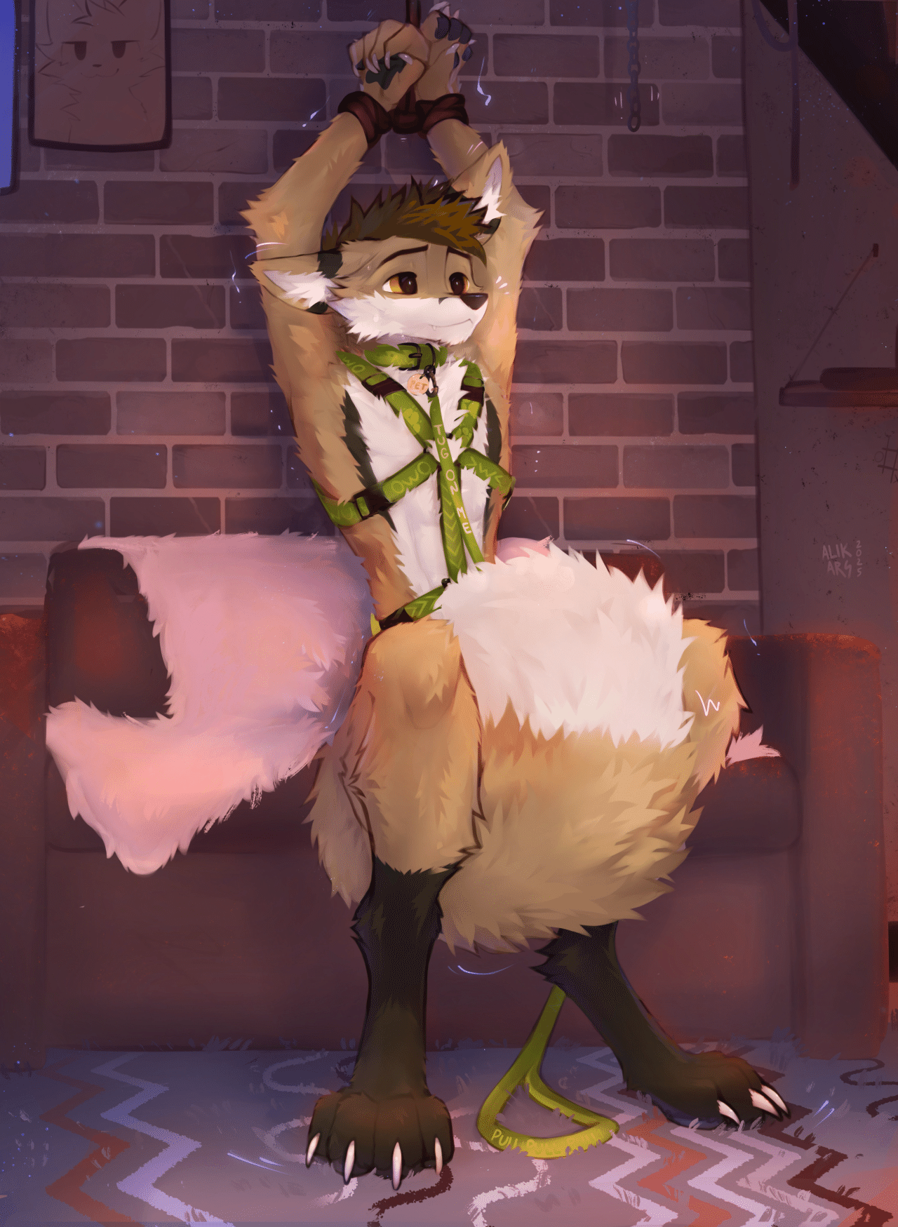 Kobaj sitting naked on a couch with his hand paws bound above his head, his big soft tail between his legs and covering his crotch.