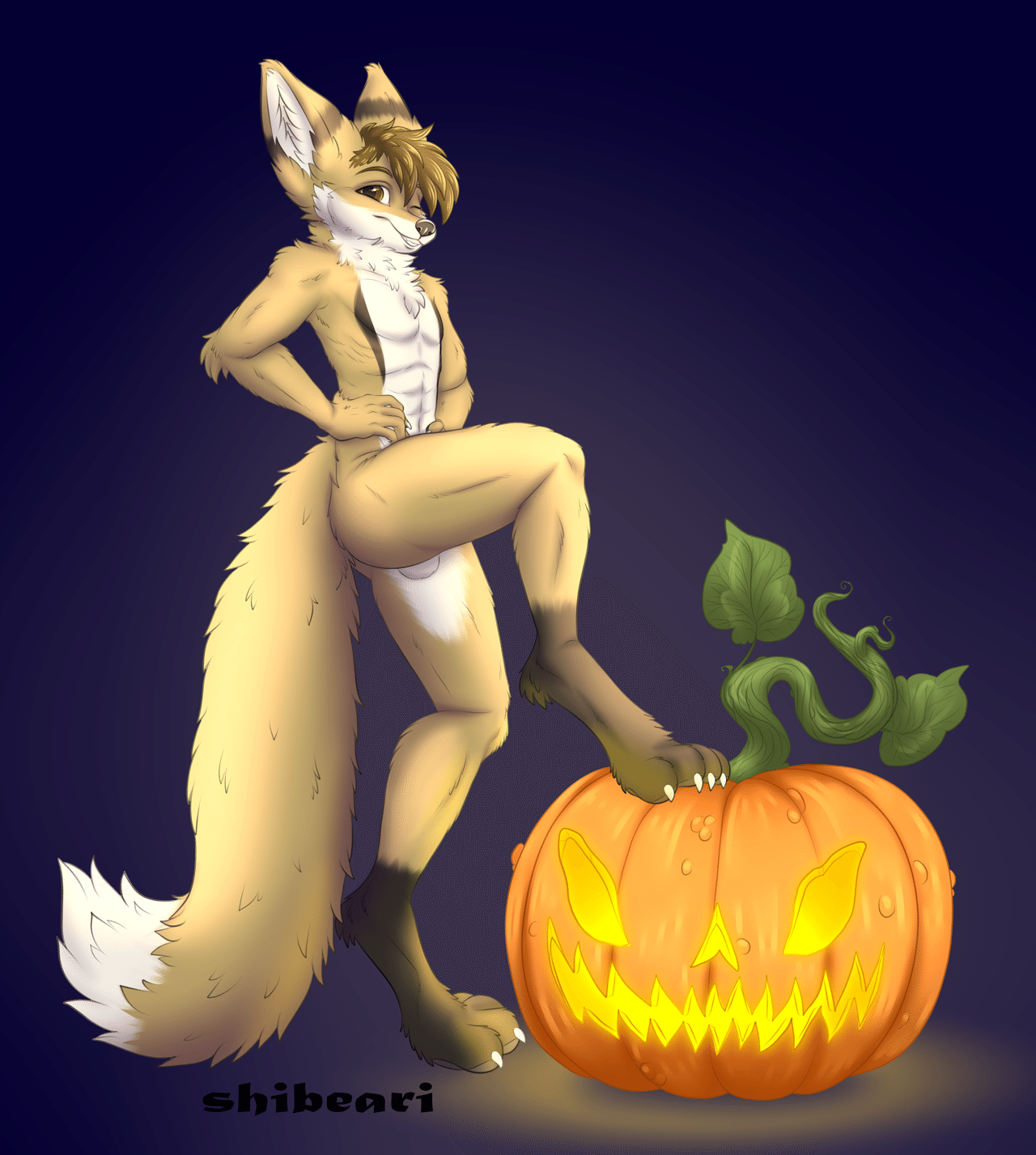 Kobaj showing off his halloween spirit the best way he can, by posing naked with a pumpkin.