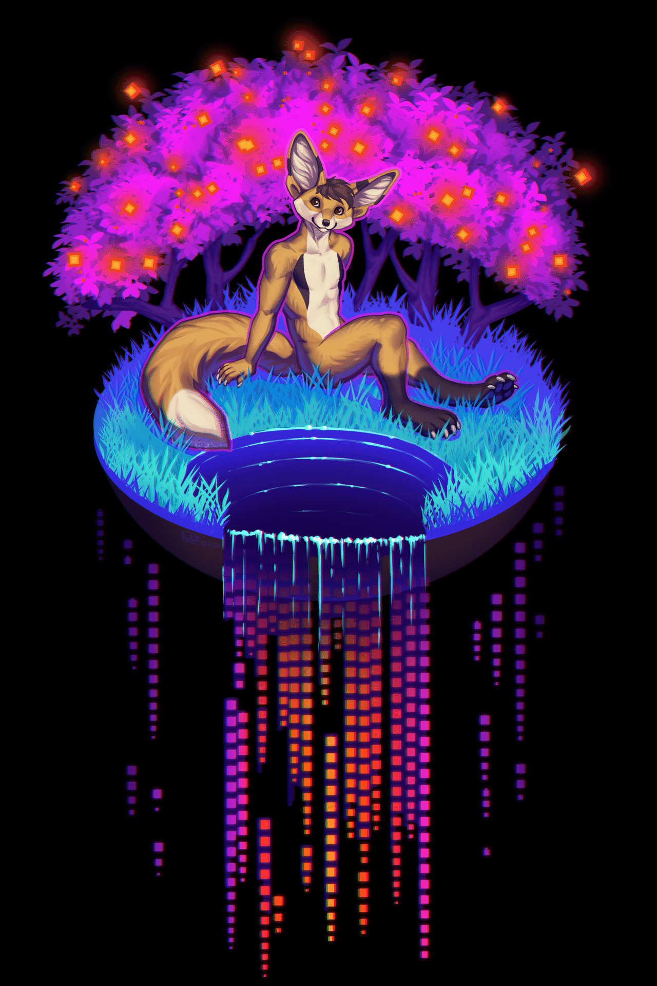 Kobaj relaxing and happy in his own little digital landscape that includes pixelated trees, a reflecting pool, and binary waterfall.