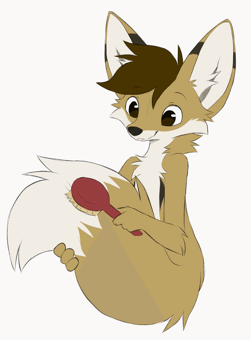 Kobaj brushing his big fuzzy fox tail.