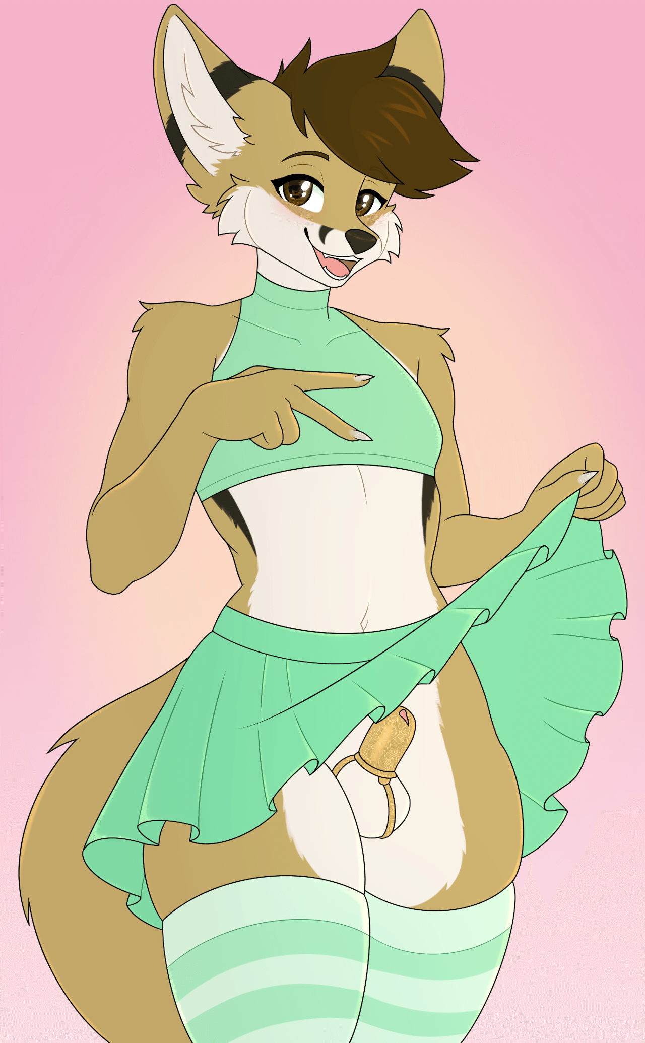 Kobaj lifting up his skirt and showing off his chastity cage proudly.