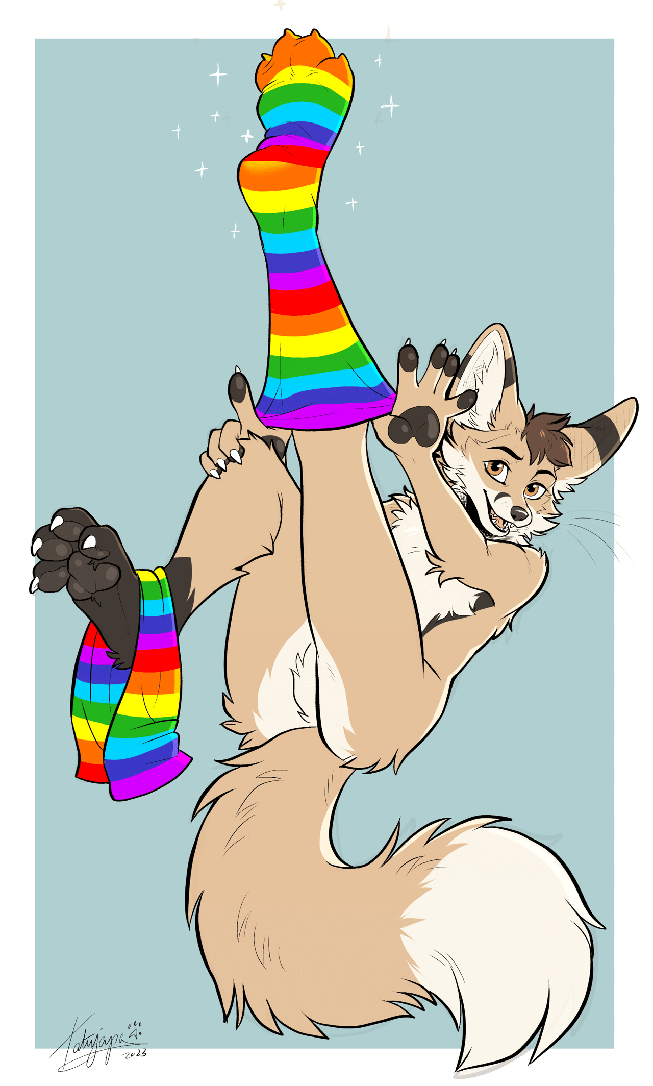 Kobaj showing off putting on his rainbow programming socks.