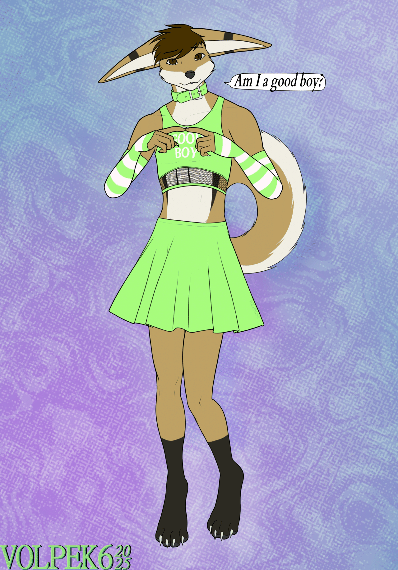 Kobaj showing off his latest outfit, a green skirt, top, and matching arm warmers,  and asking if wearing it makes him a good boy.