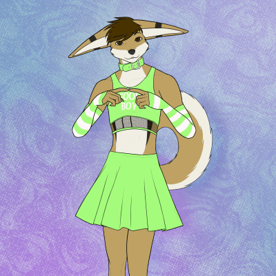 Kobaj showing off his latest outfit, a green skirt, top, and matching arm warmers,  and asking if wearing it makes him a good boy.