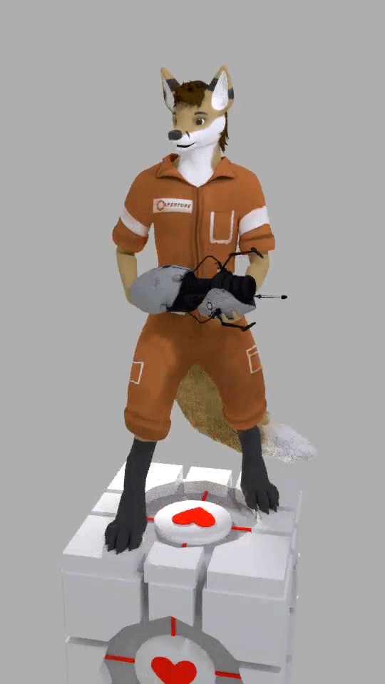 Kobaj trying to prove the cake is not a lie by completing portal puzzles.