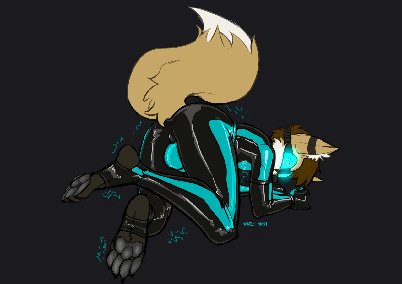 Kobaj on his hands and knees, wearing a tight latex outfit, and a pair of hypno-goggles that have made him shiver and quake with pleasure.