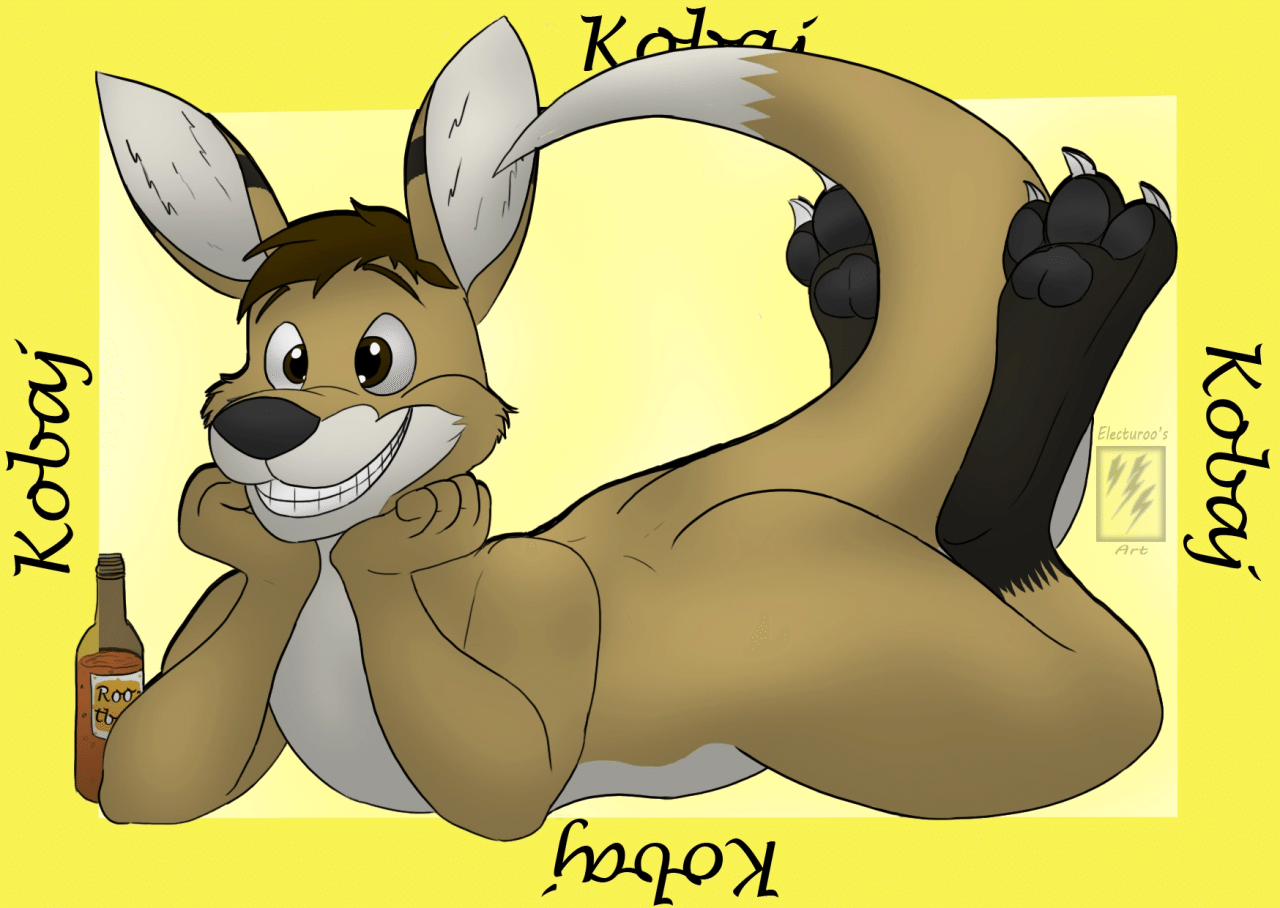Kobaj laying on his stomach after enjoying some transformative rootbeer making him a very happy kangaroo.