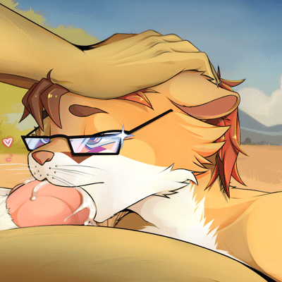 Cellivar placed between Kobaj's legs and giving a blowjob, with the fennec holding the cute roorat's head down against his knot.