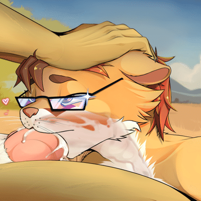Cellivar placed between Kobaj's legs and giving a blowjob, with the fennec holding the cute roorat's head down against his knot.
