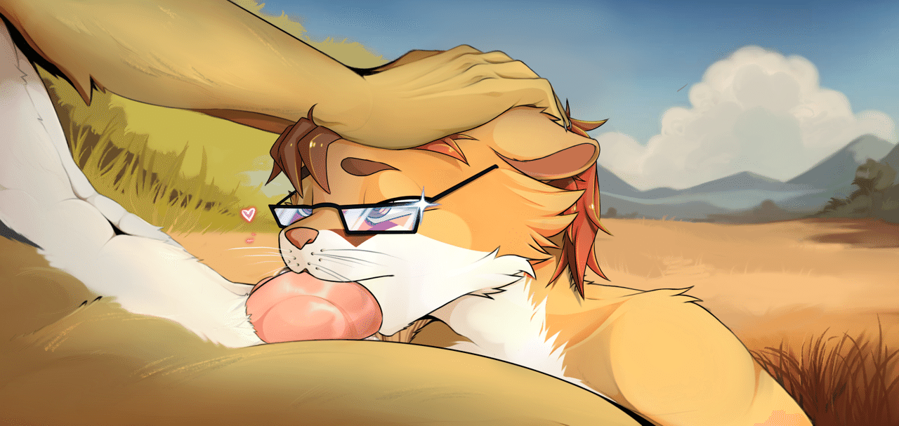 Cellivar placed between Kobaj's legs and giving a blowjob, with the fennec holding the cute roorat's head down against his knot.