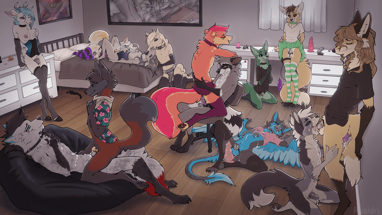 Kobaj bashfully lifting up his skirt and showing off his chastity cage at a chastity party Gale is hosting, the little green fox seems very happy and pleased though!