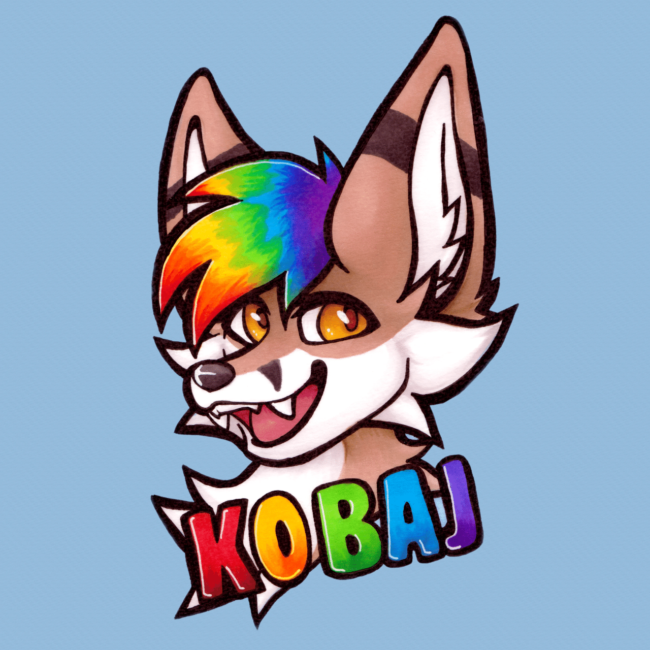 Kobaj died his hair rainbows and shows off his colorful style with a big grin.