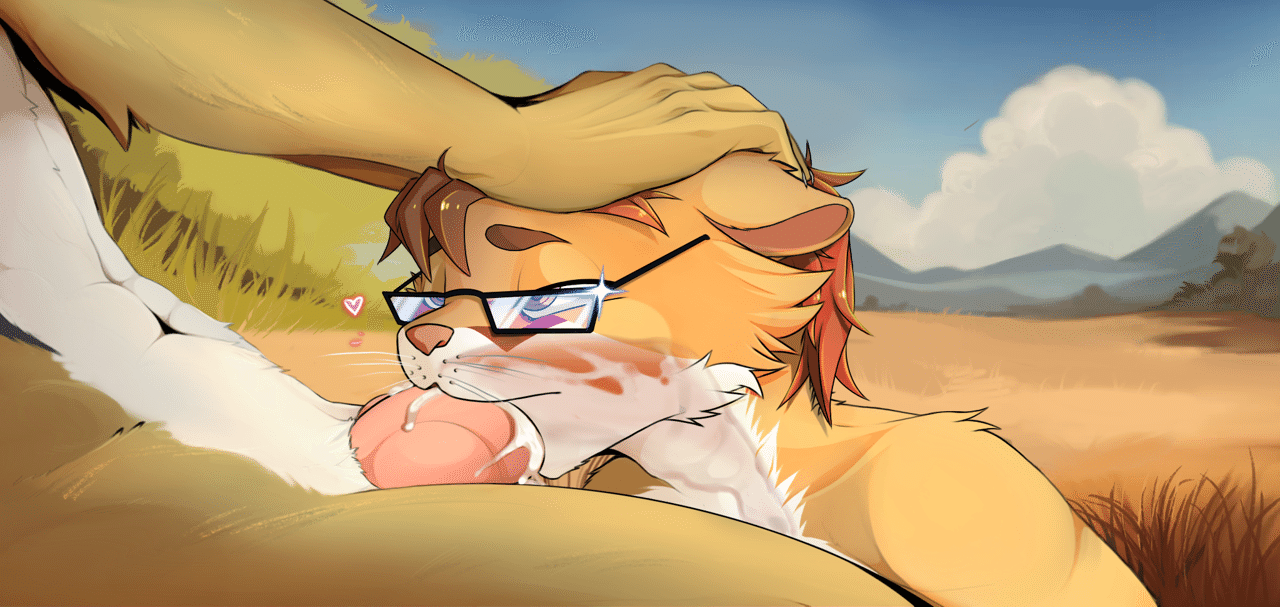Cellivar placed between Kobaj's legs and giving a blowjob, with the fennec holding the cute roorat's head down against his knot.