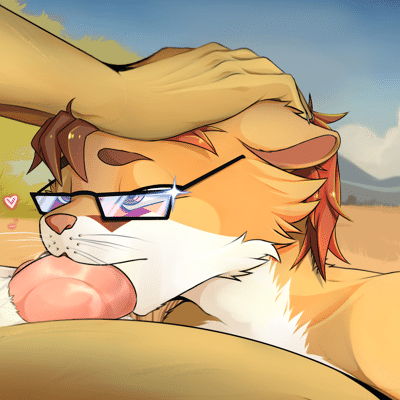 Cellivar placed between Kobaj's legs and giving a blowjob, with the fennec holding the cute roorat's head down against his knot.