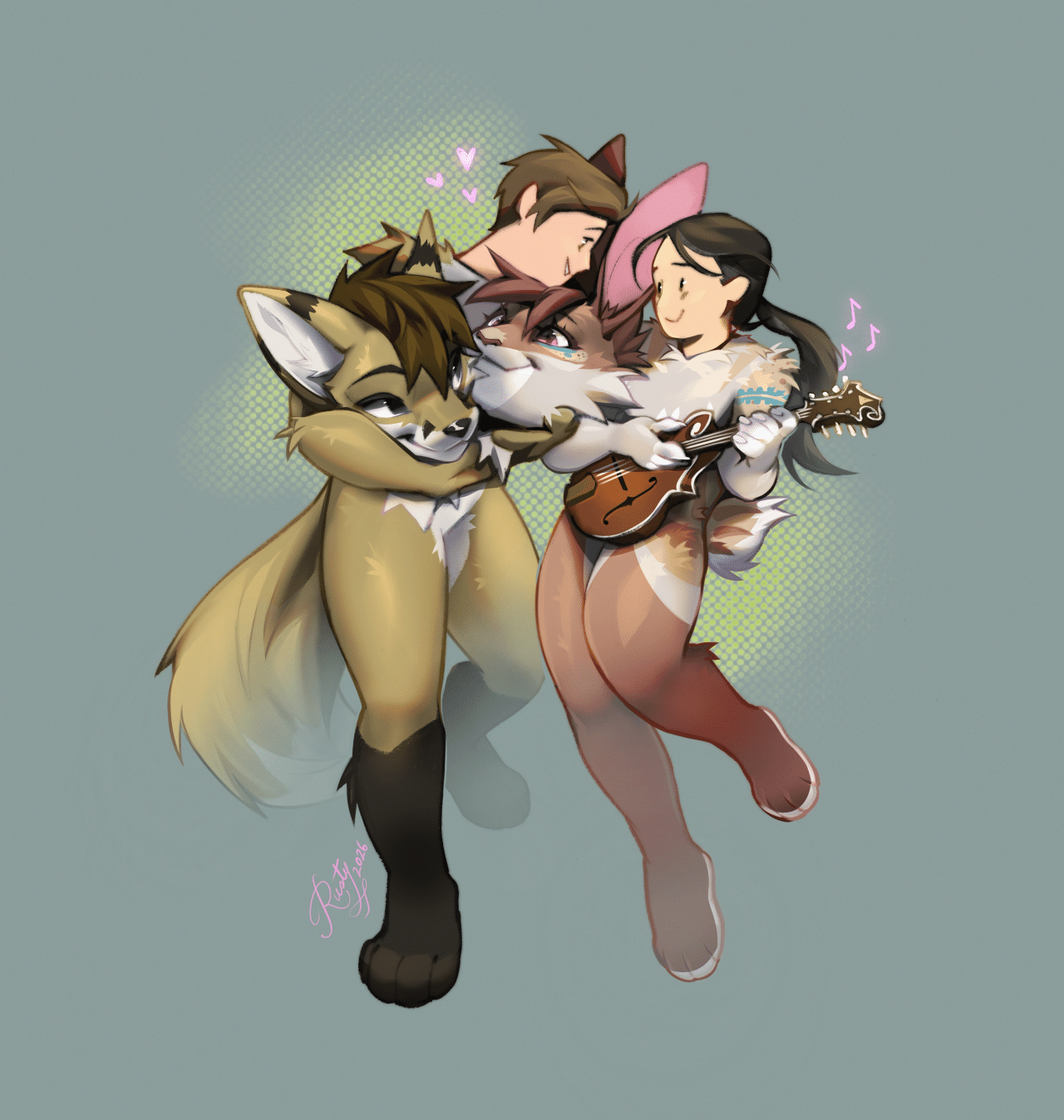 Kobaj and Woofy wearing their fursuits and holding their heads in their hands as they dance together.