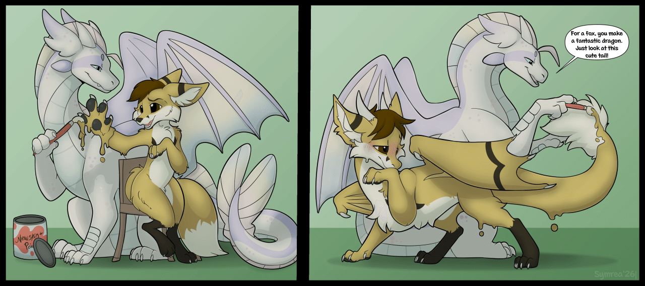 A friendly dragon offers to paint a nervous Kobaj, transforming him with the magical substance into a dragon with cool bat like wings and a long tufted tail.