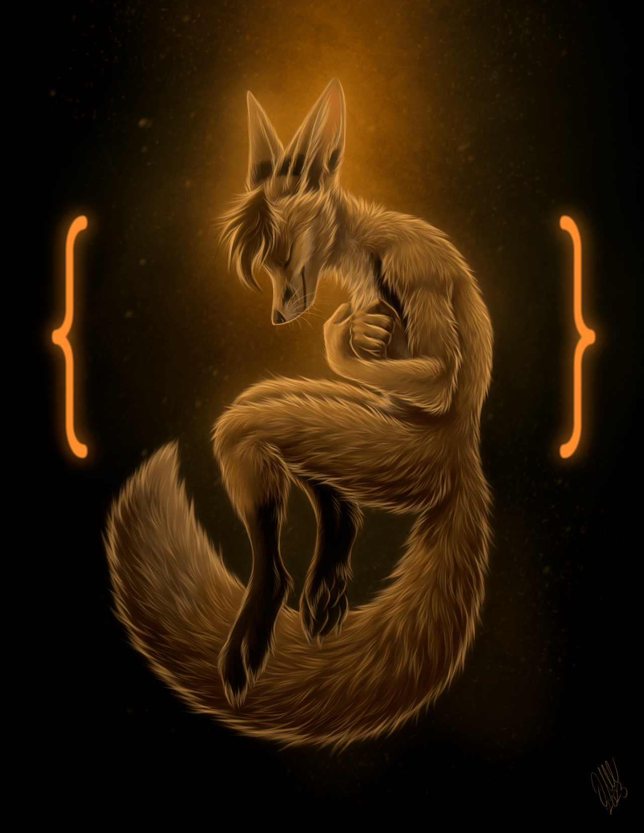 Silhouette of kobaj curled around himself, happy and content in code.