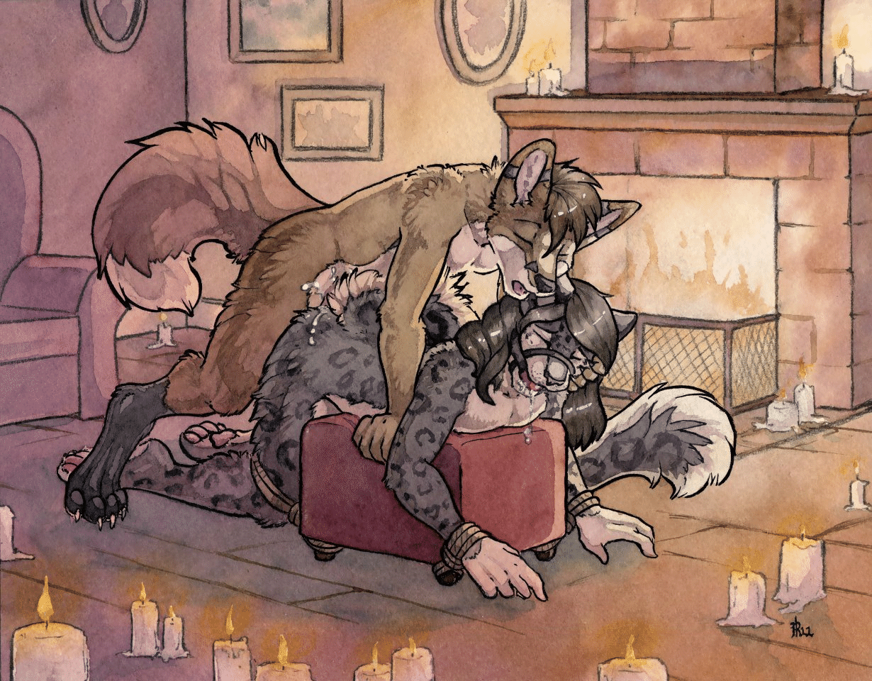 Kobaj and Aubirb having sex infront of a warm fireplace.