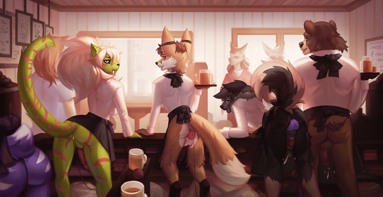 Kobaj working as a barista with a nice big plug inside him to keep him in line.