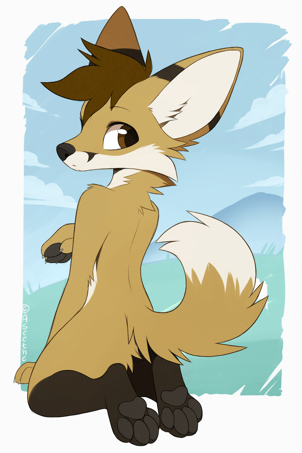 Kobaj kneeling on some grass and looking back at the viewer.