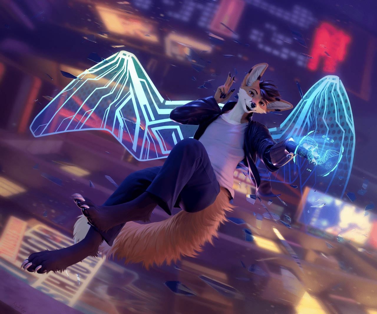 Kobaj giving you a quick nod and wave as he deploys a pair of light-wings to fly off after crashing through a glass window 100 stories up in the air.