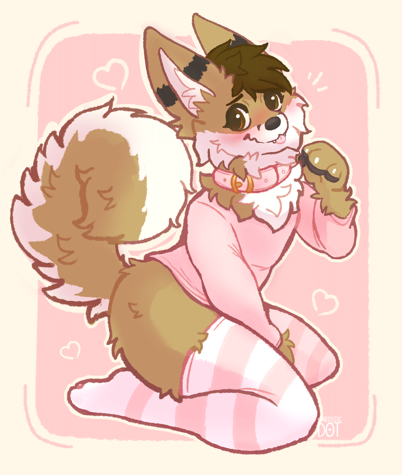 Kobaj kneeling and blushing while wearing a pink girly outfit and collar and wagging his big curly tail.