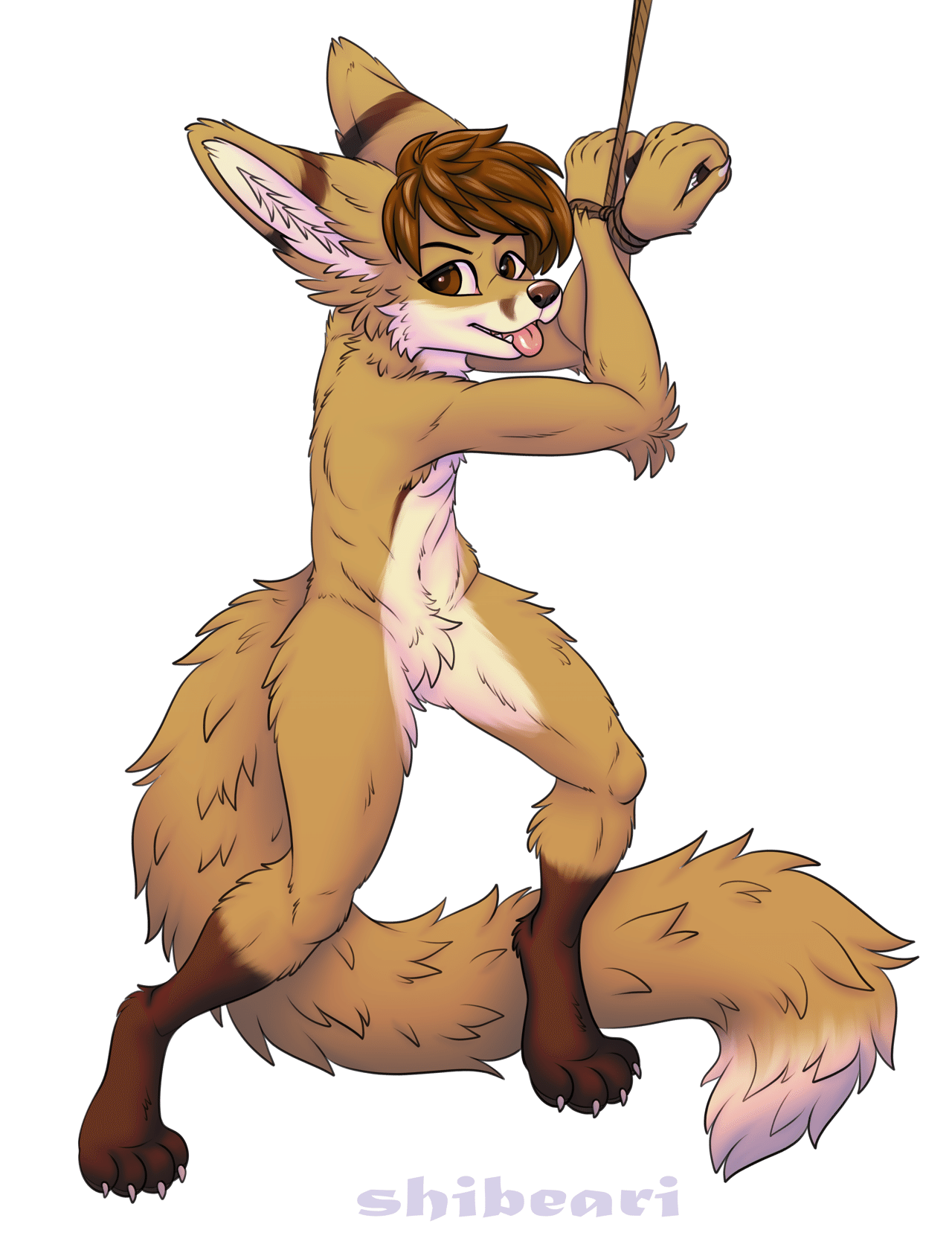 Kobaj with his hands tied above him, leaving his body exposed, but his cute blep shows he is very eager to be in this position.