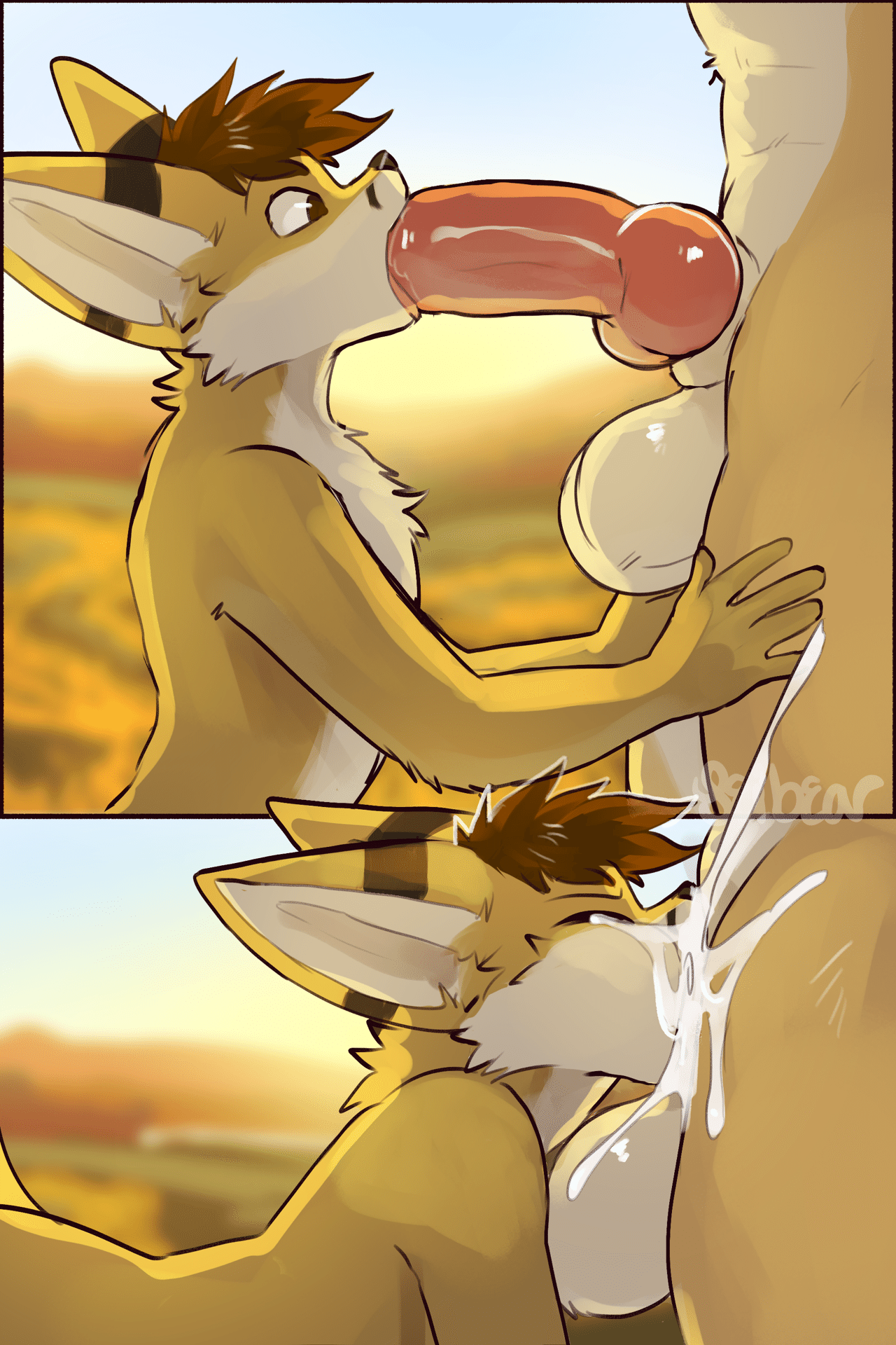 Kobaj pushing himself to his limits and really stretching his muzzle and throat as he slides all the way down a nice thick vulpine cock and gets a mouth full of cum as a reward.