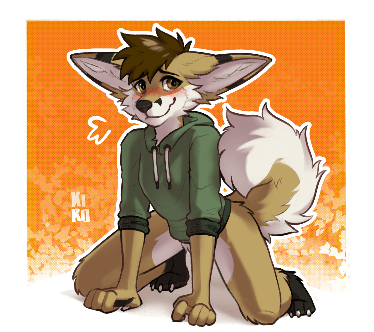 Kobaj on all fours wearing nothing but a hoodie and a cute blushy expression on his face.