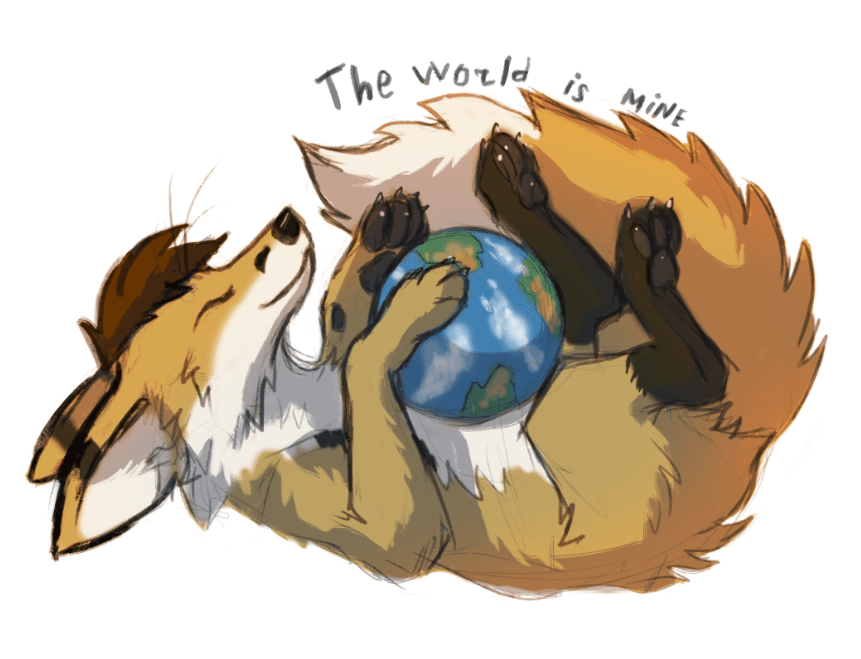 Kobaj happily laying on his back with the world held in his paws.