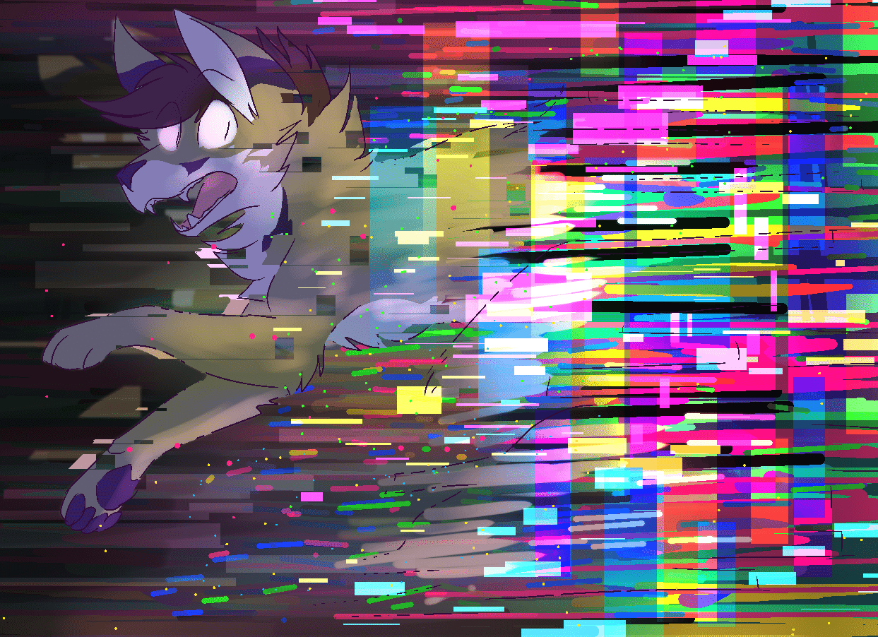 Kobaj being consumed by digital artifacts.