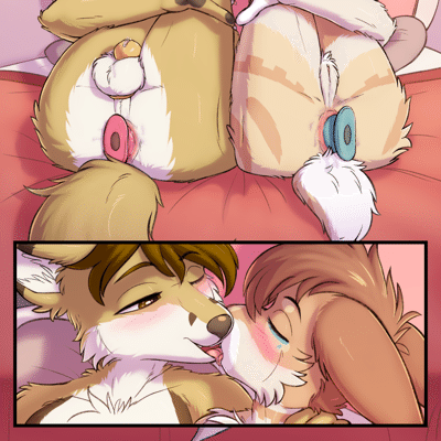 Kobaj and Woofy being cute together by laying back and stuffing some plugs in their butts and then making out.
