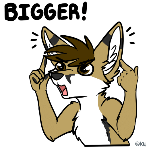 Kobaj pointing at his ears and yelling 'bigger'.