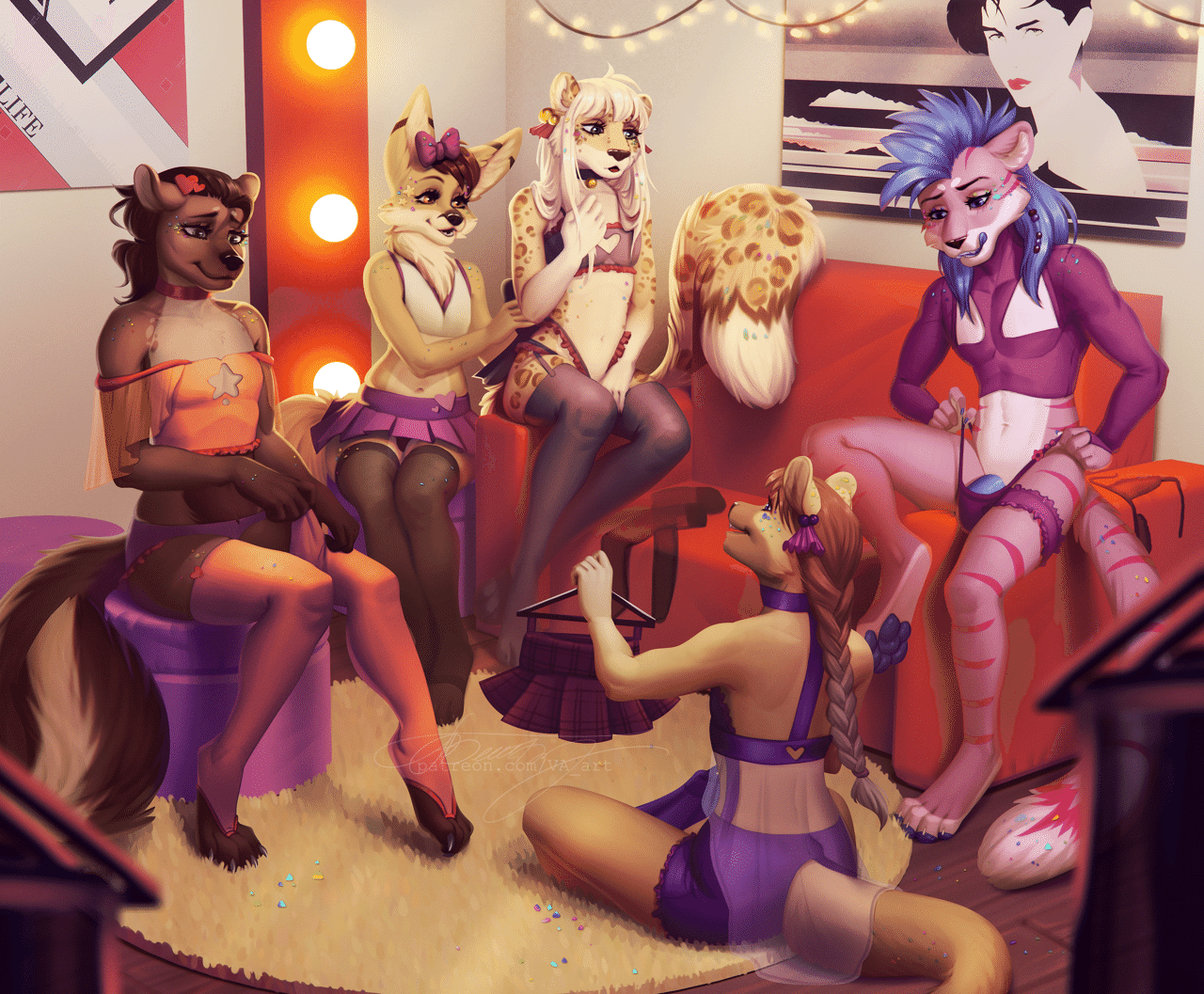 Kobaj and friends trying on some very pretty feminine clothes.