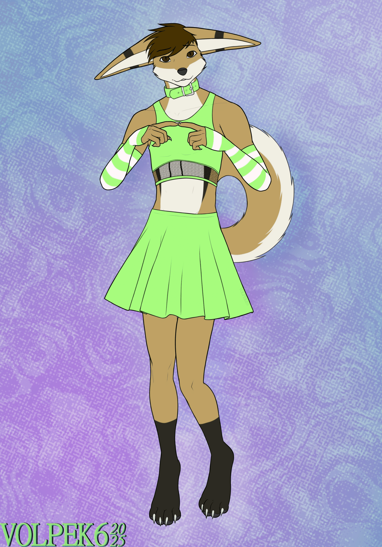 Kobaj showing off his latest outfit, a green skirt, top, and matching arm warmers,  and asking if wearing it makes him a good boy.