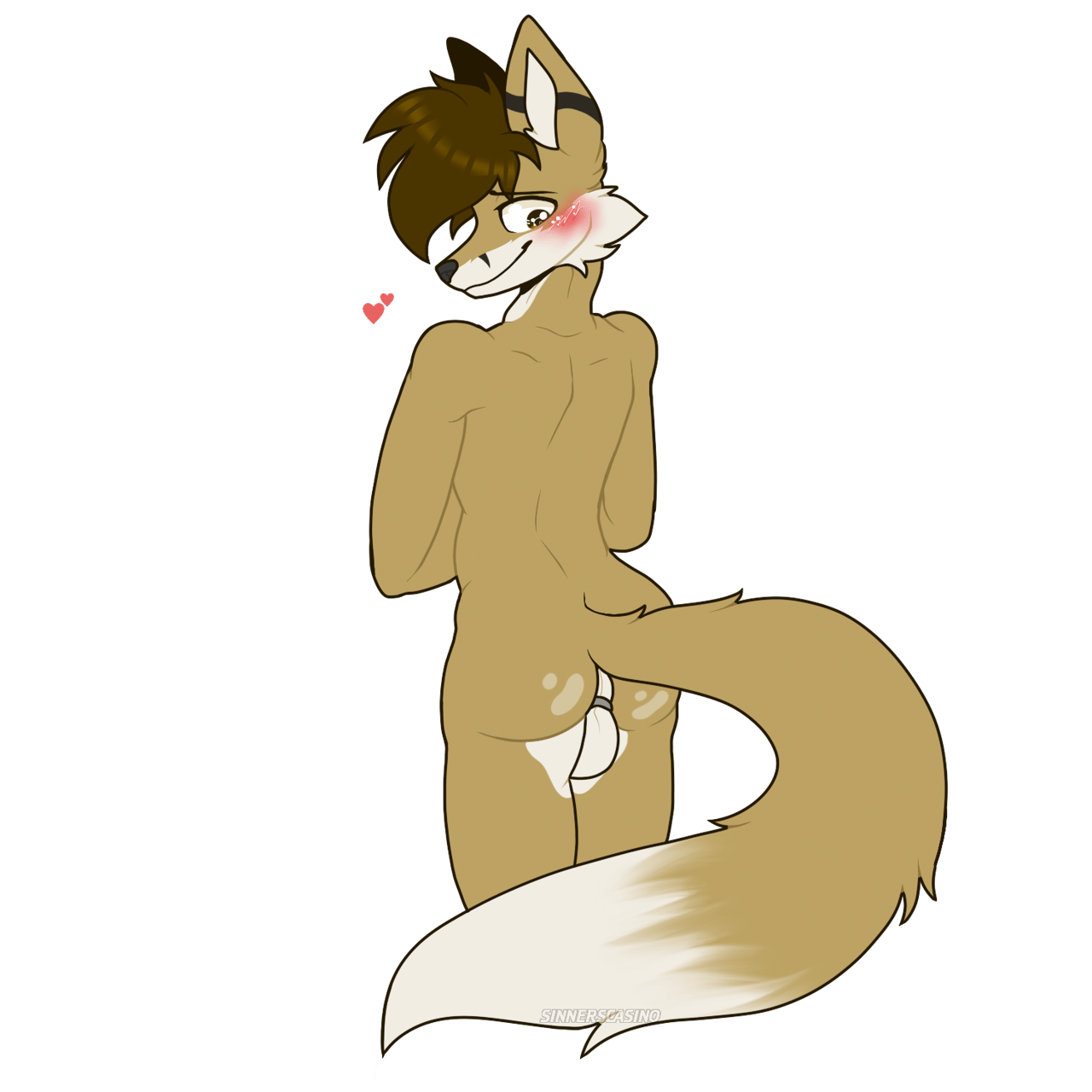 Kobaj blushing and lifting his tail.
