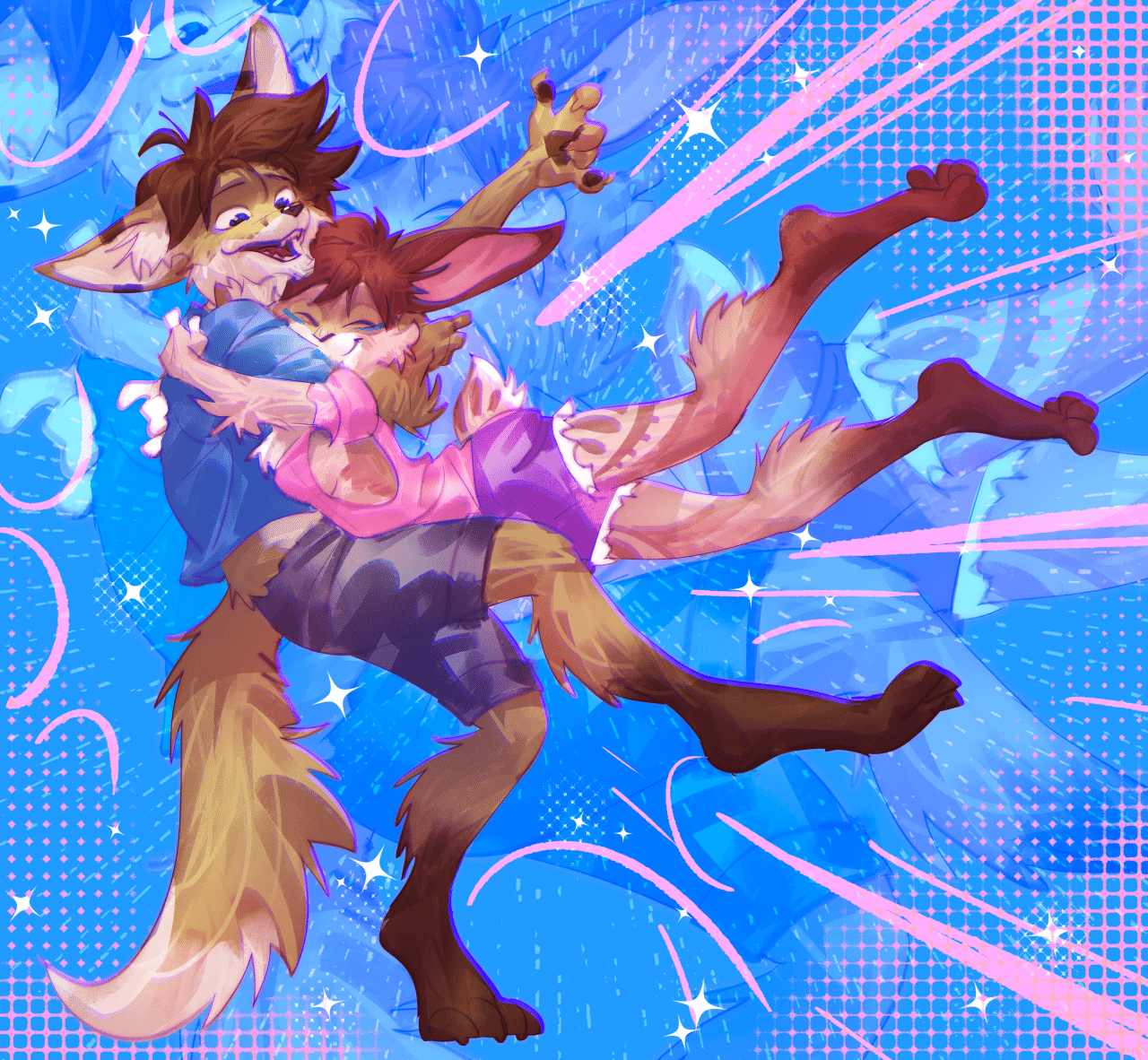 Woofy pounces Kobaj for a big hug.