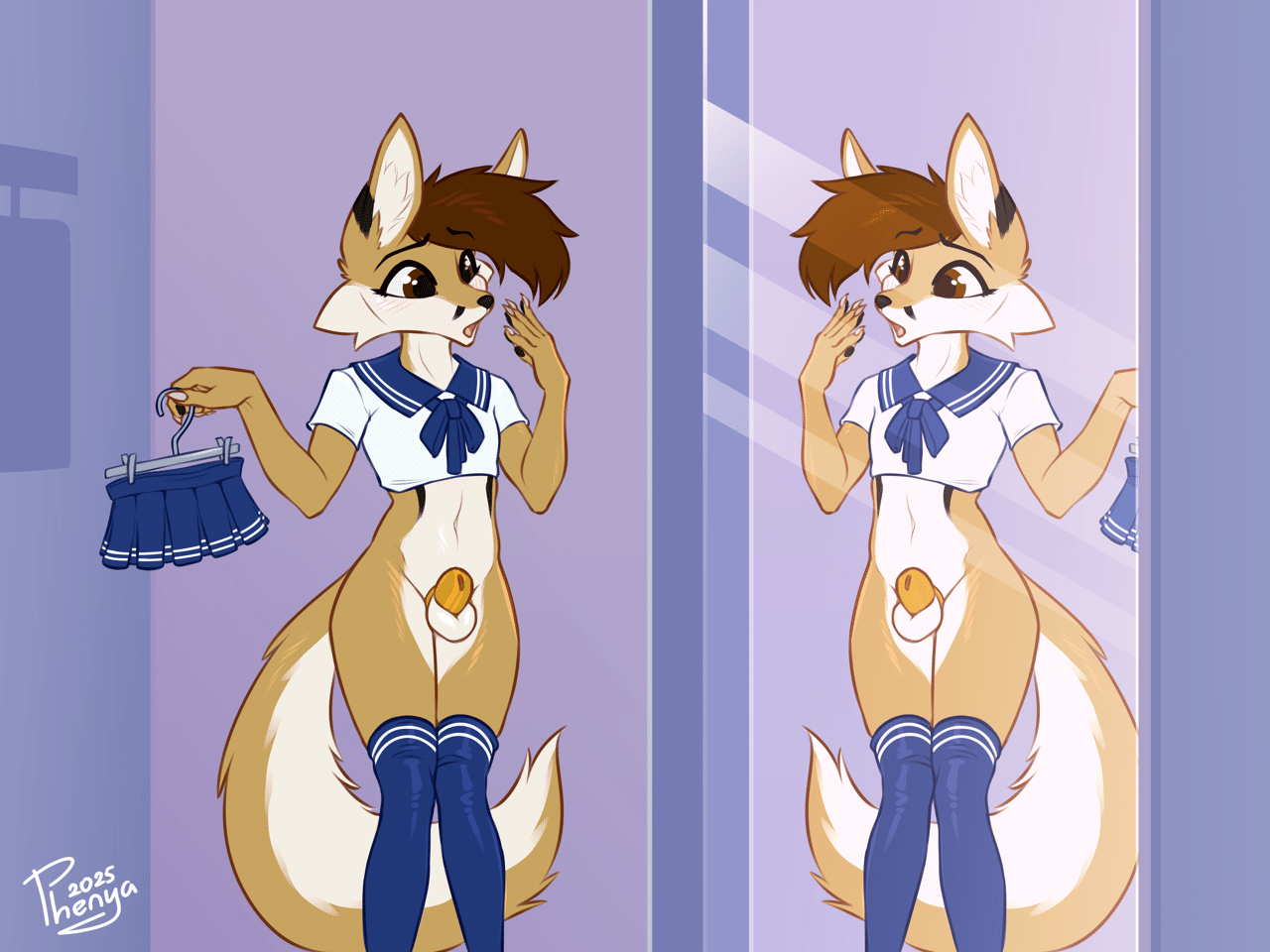 Kobaj stands in front of a mirror, surprised at how cute he looks wearing a school girl uniform.