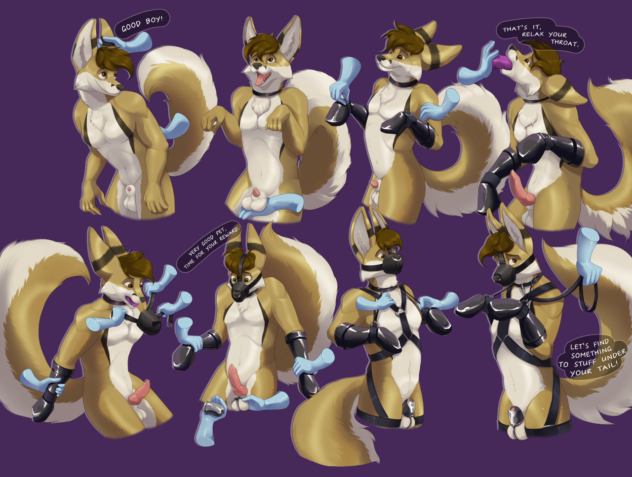 Kobaj putting on bondage gear, including a muzzle, paw mitts, chastity cage, and a collar while a dom encourages him.