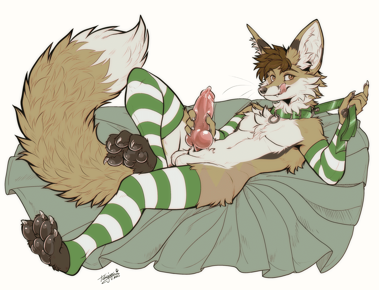 Kobaj licking his lips as he starts a nice pawing session, looks like someone ones to join so the fox offers them his leash.